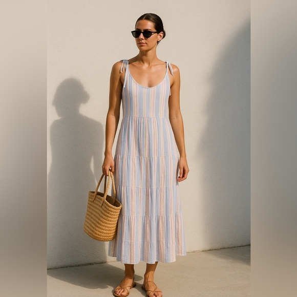 NWT Joe Fresh Tie Shoulder Rainbow Stripe Dress M - Picture 1 of 9